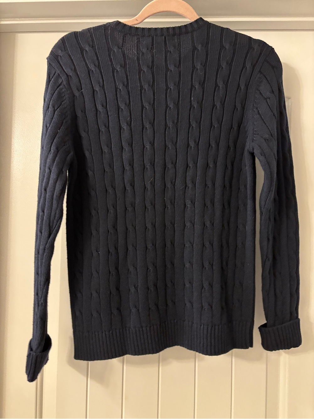 NWT Chaps Navy Blue Cable Knit Sweater Gold Crest Button Shoulder Size S - Picture 3 of 6
